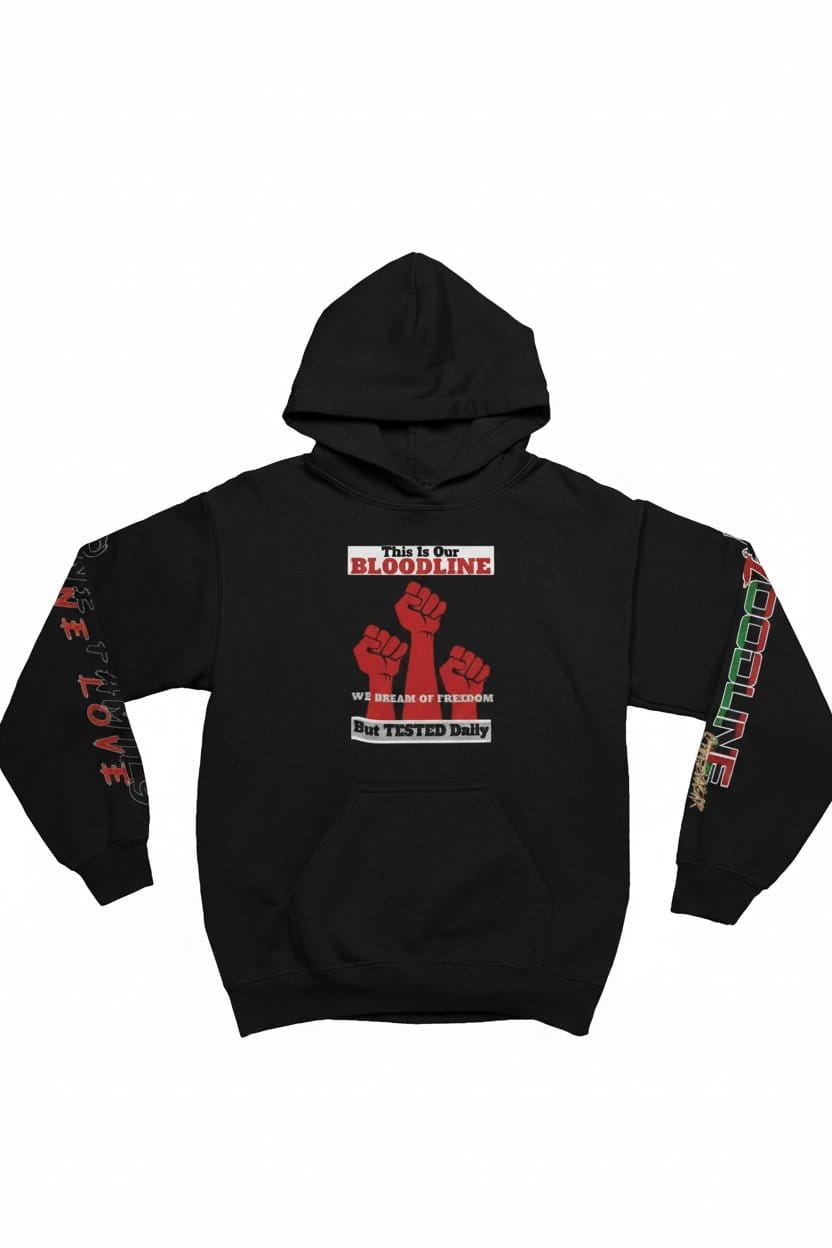 Black hoodie with red and white graphic design on a white background
